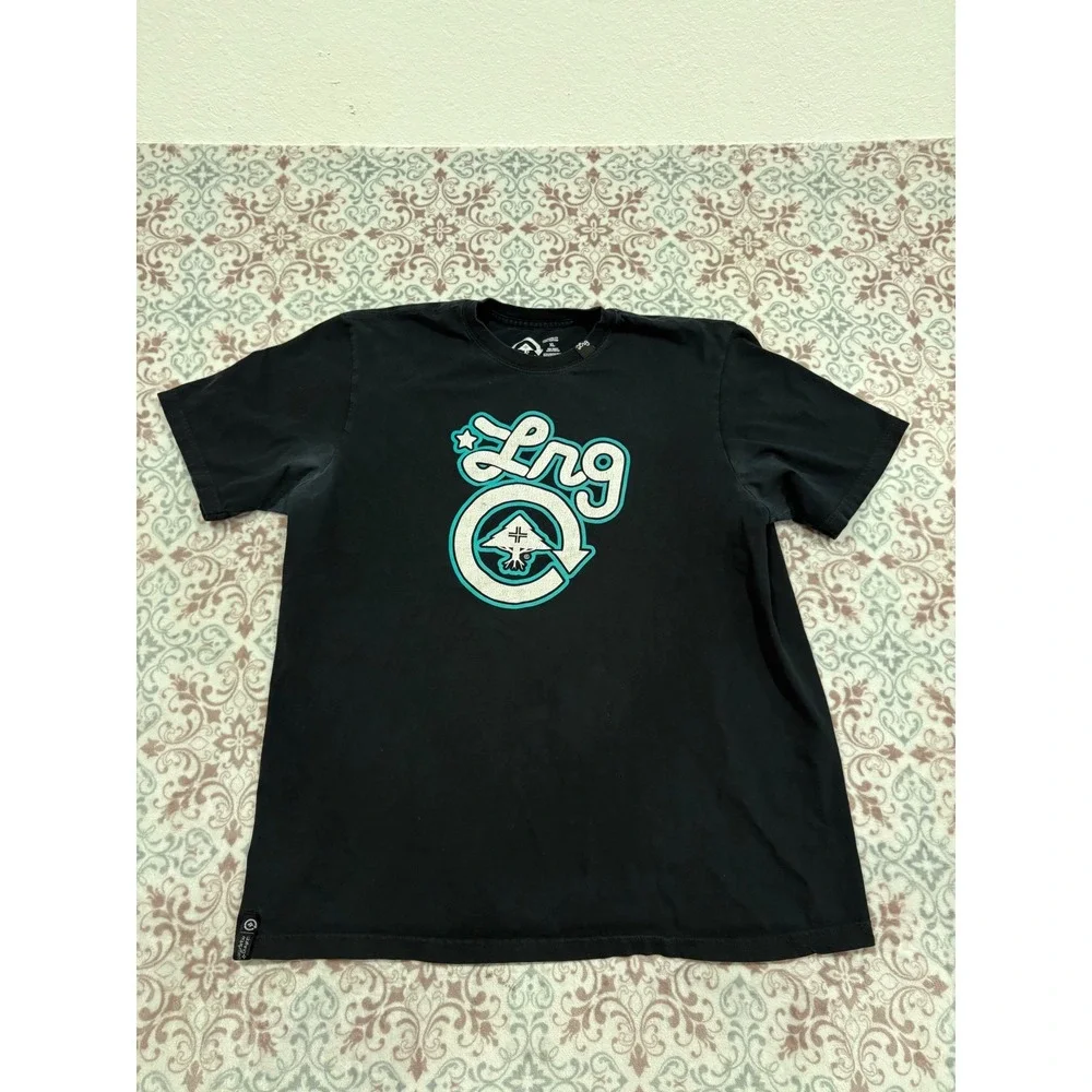 LRG Lifted Research Group Mens XL T-Shirt Black Teal Graphic Logo Tee Cotton